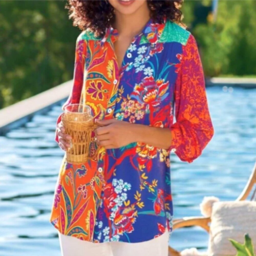 Soft Surroundings Hermosa Floral Embroidered Tunic Top Blouse Long Sleeve M 153P